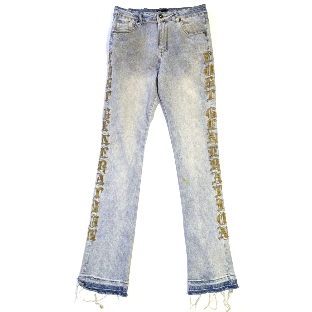 Waimea "Lost Generation" Stacked Fit Jeans Hem Embroidered Blue Size 20 (30x33)